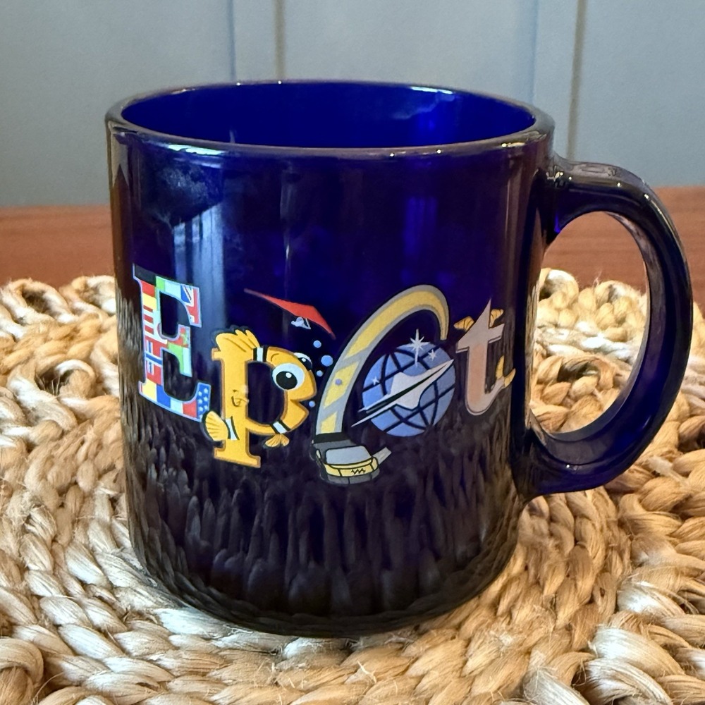 Disney EPCOT Cobalt Blue Glass Mug – Vintage Disney Parks Souvenir Tea Cup
